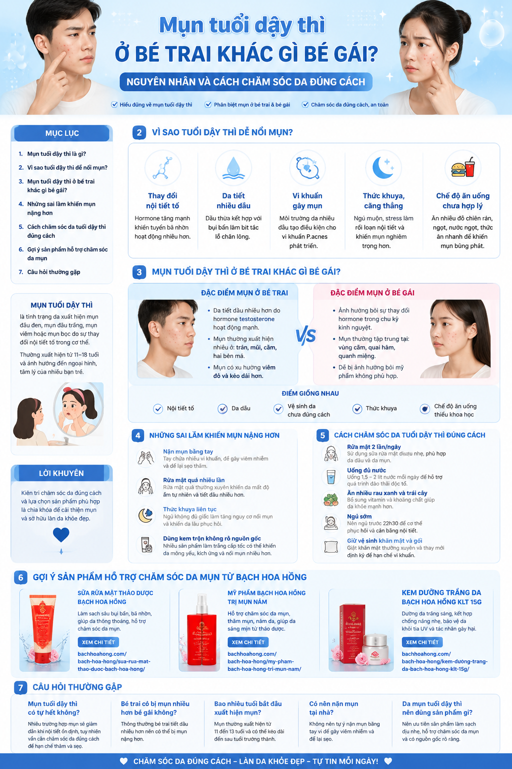 Mụn tuổi dậy thì ở bé trai khác gì bé gái và cách chăm sóc da đúng cách.