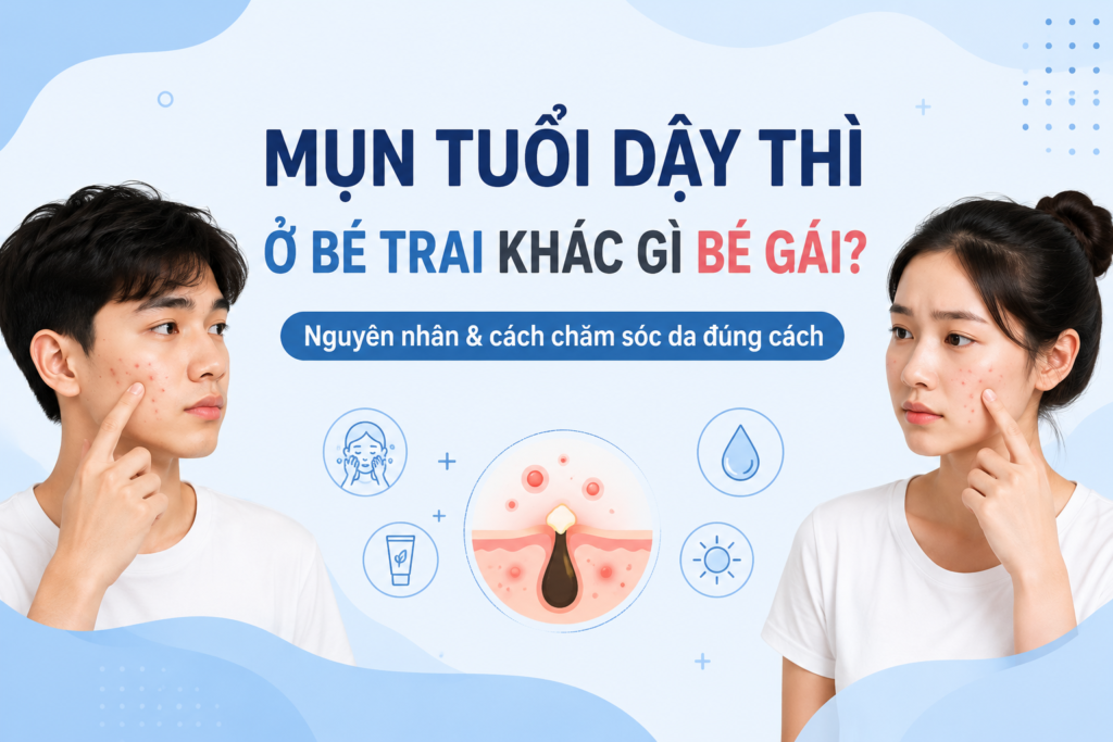 Mụn tuổi dậy thì ở bé trai khác gì bé gái và cách chăm sóc da đúng cách.